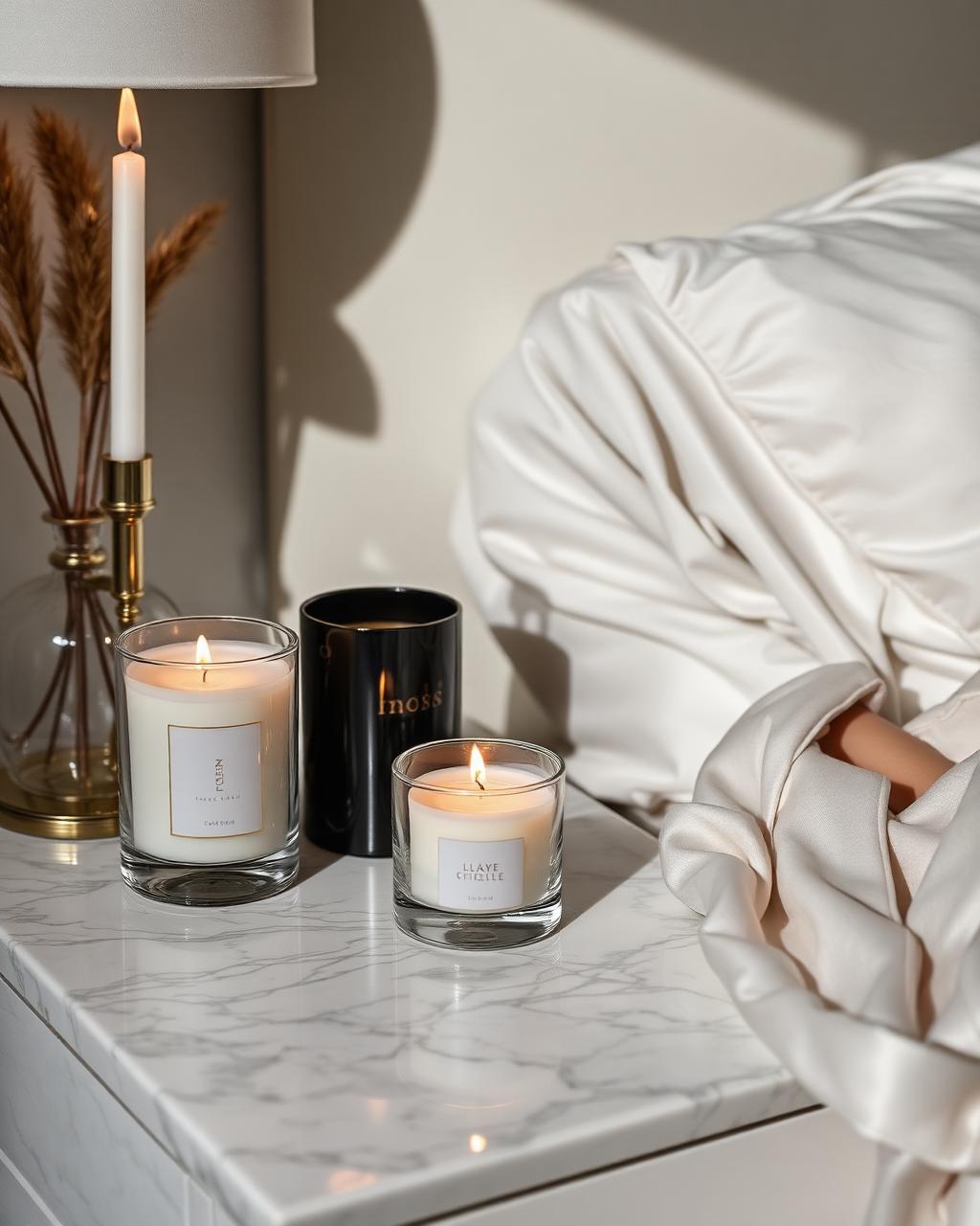 Bougies, soie et accessoires sur une table de chevet